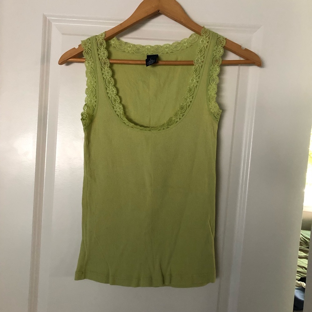 Y2K Vintage 2000s Gap Green Ribbed Lace Trim Cami Tank 100% Cotton Size Small